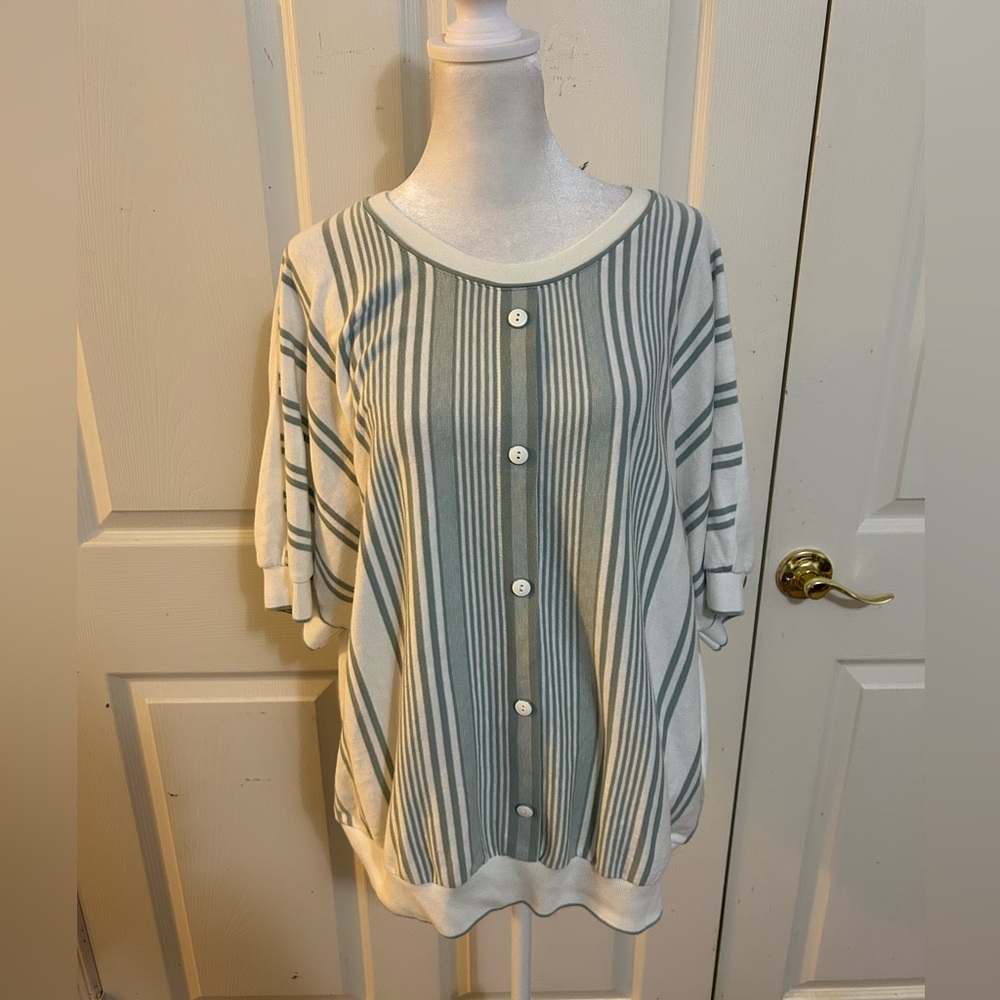 Vintage Aileen Too green and white short sleeve top, 3X